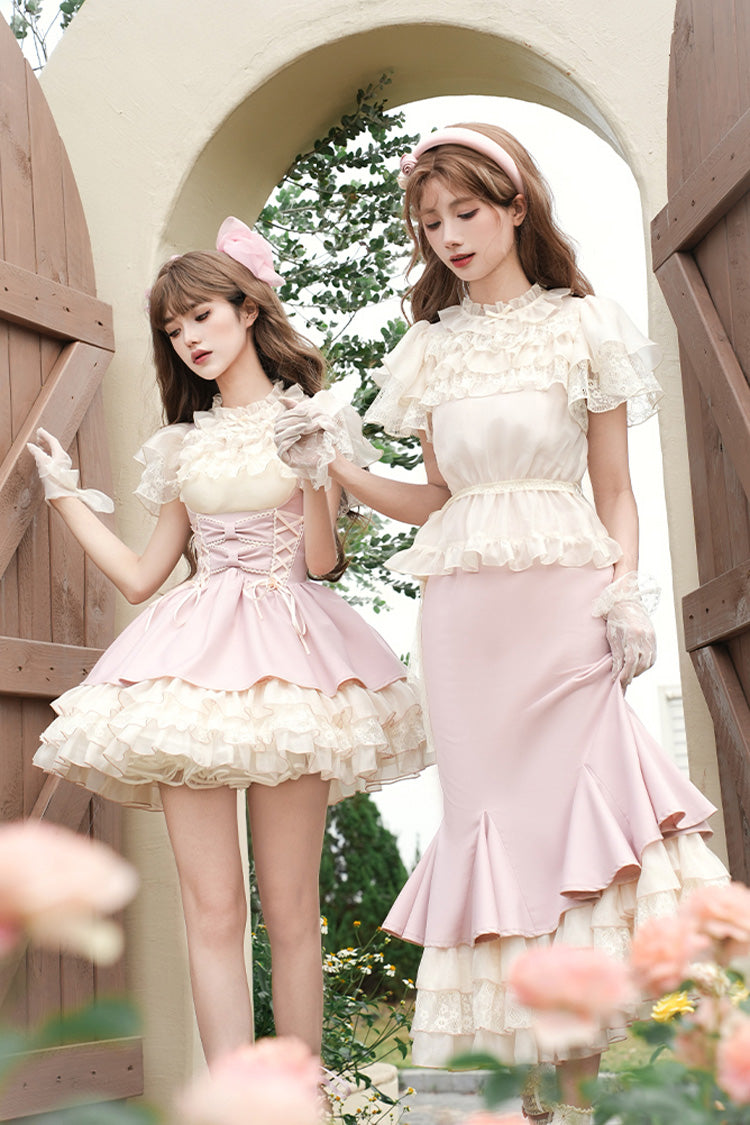 Robe Bustier Sweet Lolita Jsk à Volants Multicouches avec Nœud Papillon et Lacets [Love Diary] Rose 