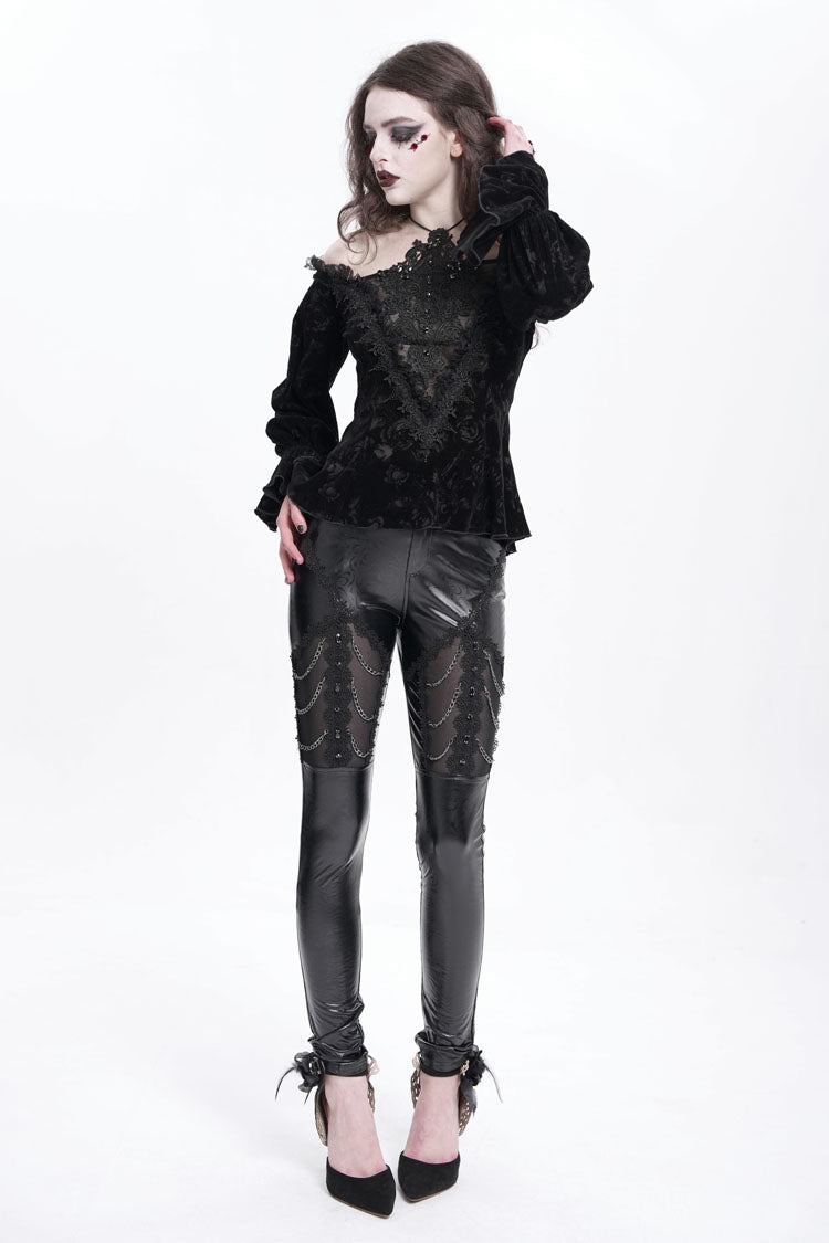 Schwarze Kette aus Kunstleder mit Spitzenbesatz Damen Gothic Hose 