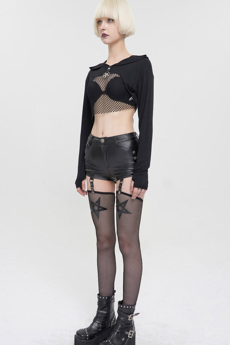 Black Punk Long Sleeve Knitted Chest Mesh Perspective Back Drawstring Adjustment Hoodie Women's Shirt