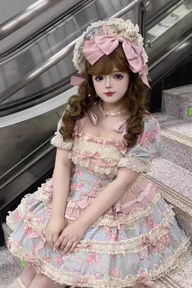 Blue/Pink [Gem Rose] Multi-Layered Ruffle Bowknot Lace Sweet Princess Lolita Skirt 2 Versions
