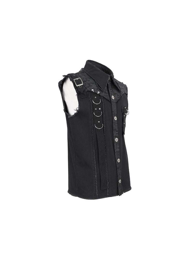 Black Sleeveless Buckle Splice Unedged Men's Punk Vest