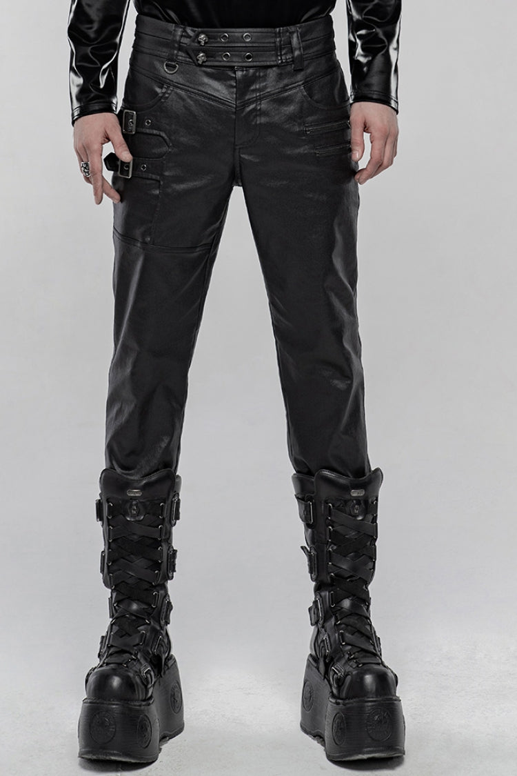 Black Faux Leather Metal Buckle Side Zipper Men's Steampunk Pants