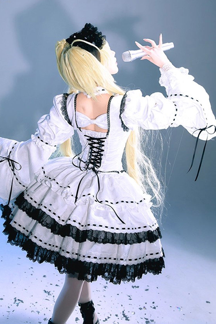 White [Witch] Long Trumpet Sleeves Double-Layered Ruffle Bowknot Lace-Up Gothic Lolita Skirt Dress Set