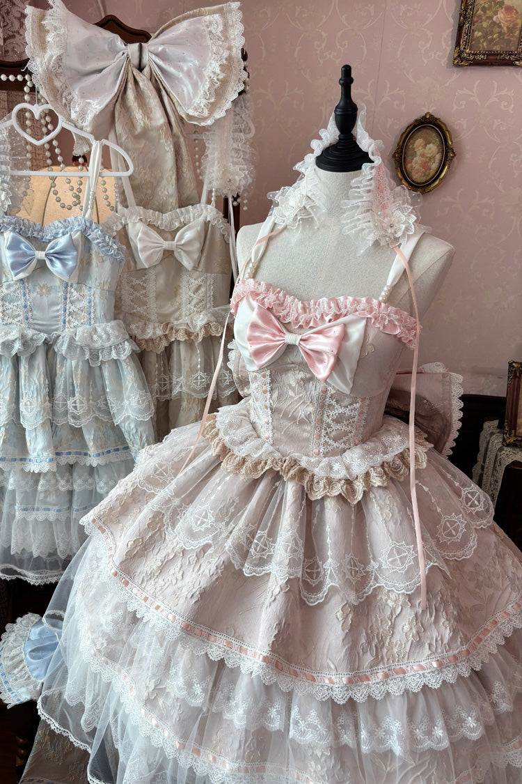 Rose [Boîte à fleurs tissée au clair de lune] Ensemble de robe Lolita Jsk à volants multicouches à col carré Hanayome en dentelle avec nœud brodé et douce grande taille