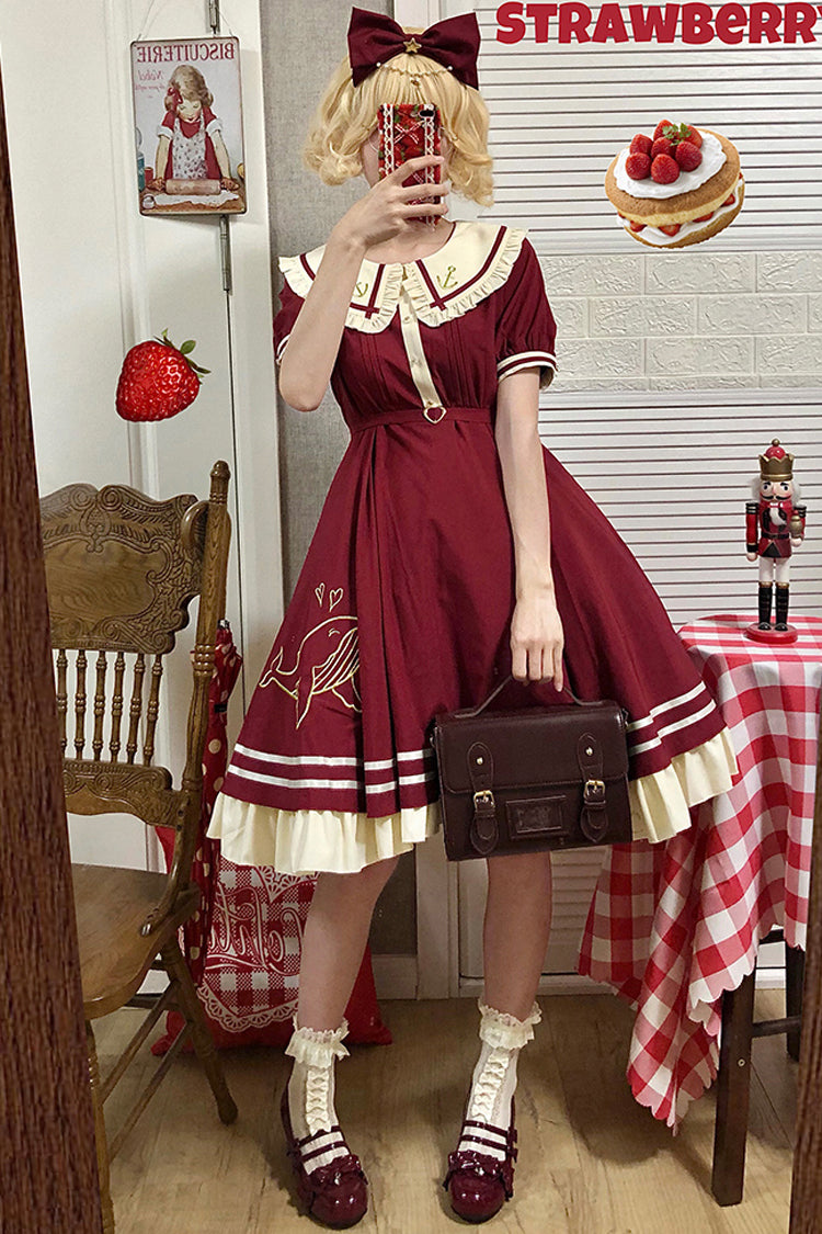 Little Sea Whale Navy Sailor Short Sleeves Sweet Lolita OP Dress 3 Colors