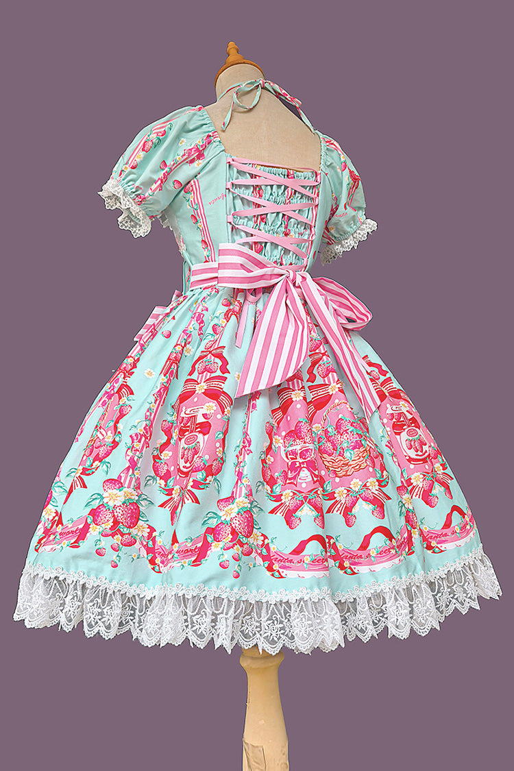 [Strawberry Chef] Short Sleeves Print Bowknot Lace Sweet Lolita Dress 4 Colors