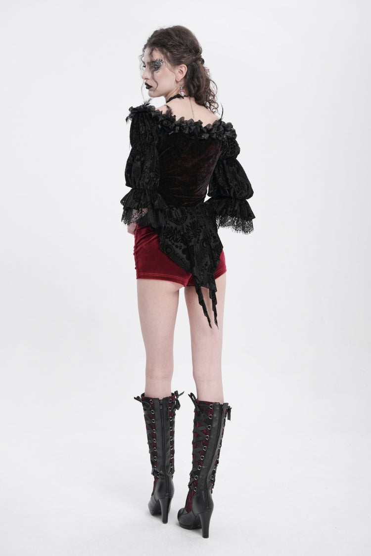 Red Off Shoulder Long Sleeves Ruffle Embroidery Lace-Up Women's Gothic Blouse