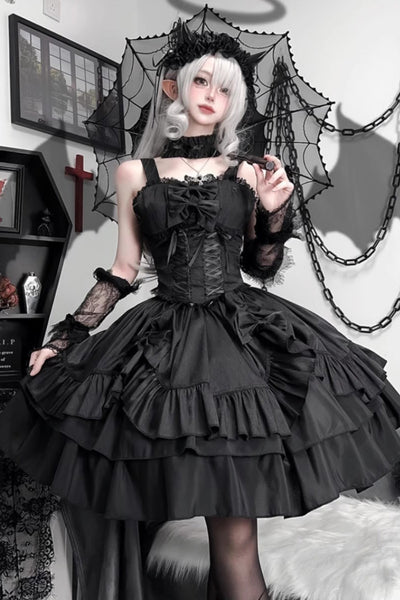 Black/White Super Cute Belia Sleeveless Triple-Layered Ruffle Bowknot Lace Gothic Elegant Lolita Jsk Dress