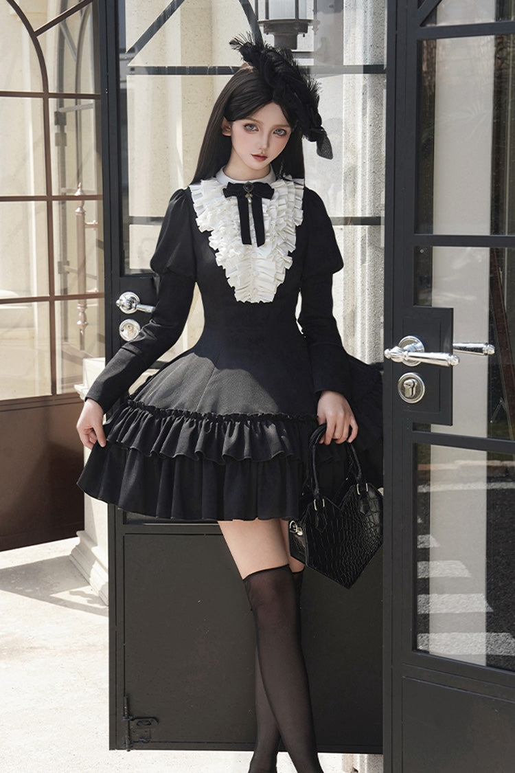 Black [Miss Weir] Stand Collar Long Sleeves Double-Layered Ruffle Gothic Lolita Dress