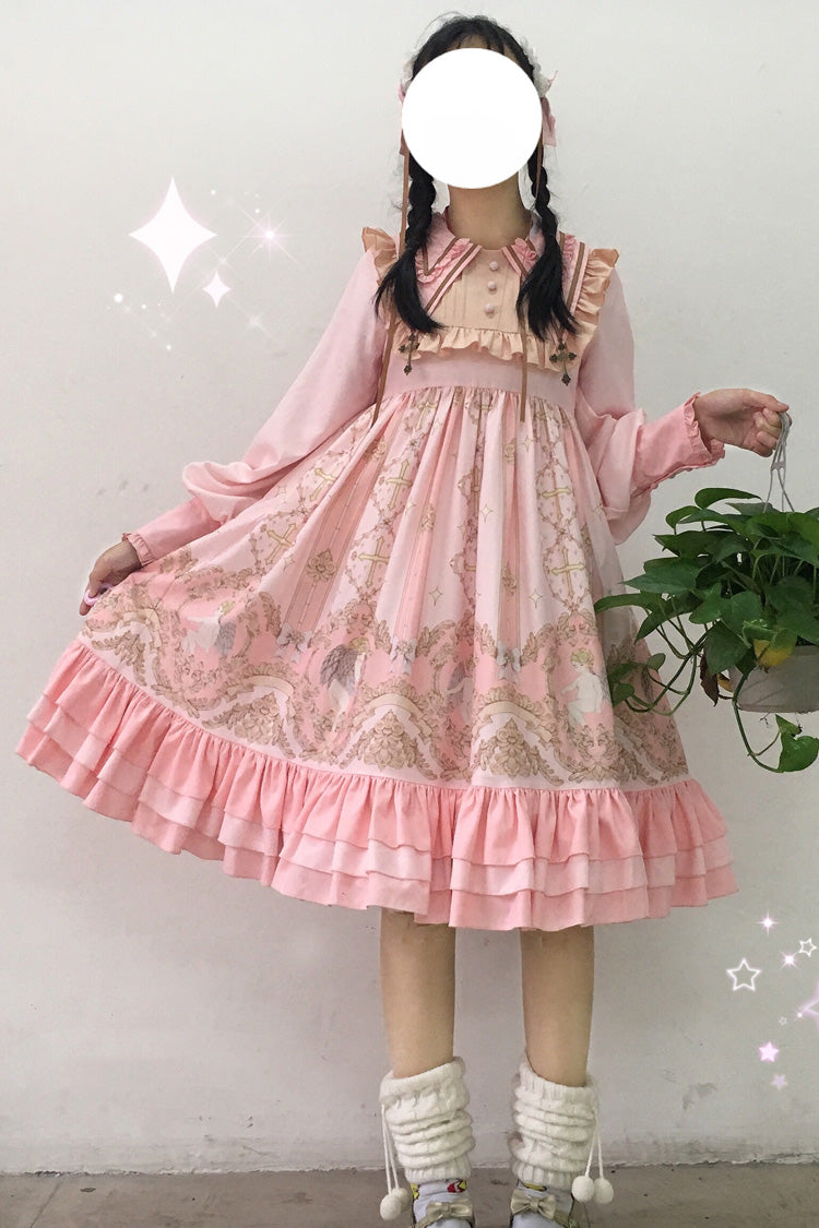 [Angel's Redemption] 長袖 エンジェルプリント フリル 蝶結び スイート ロリータ ドレス 3色