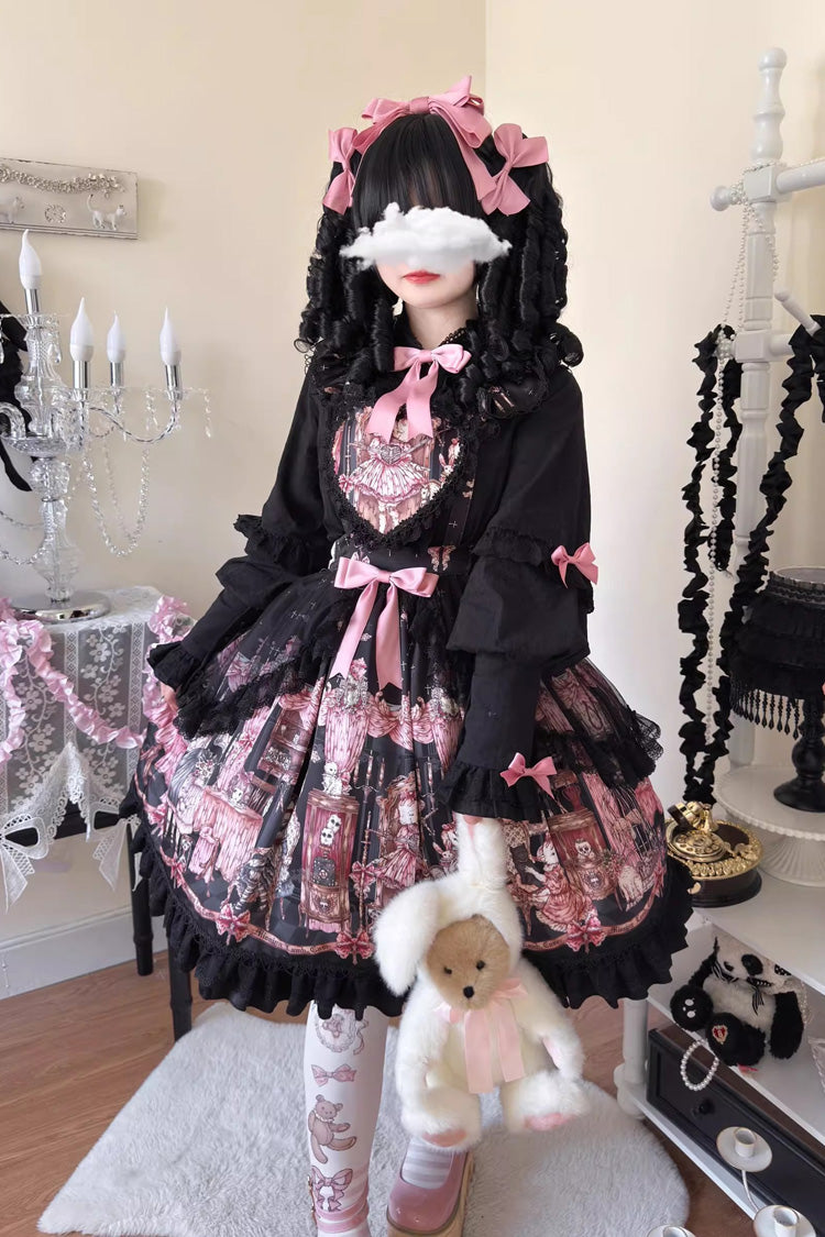 Black [The Case of the Missing Lamb] Print Ruffle Bowknot Lace Gothic Lolita SK Skirt