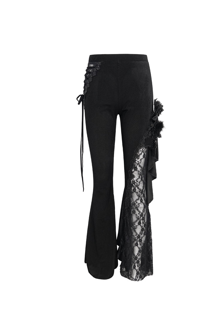 Black Velvet Single Side Stitching Rose Net Side Rope Decoration Asymmetric Pattern Flare Women's Gothic Pants