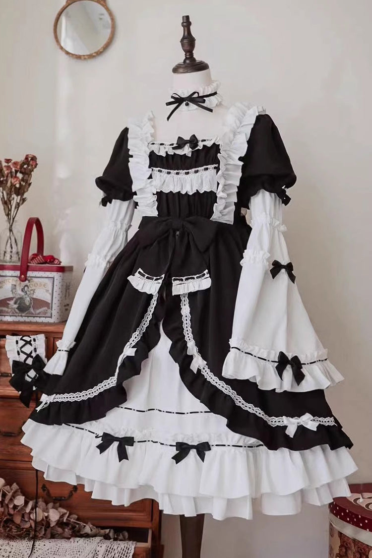 White/Black Hime Sleeves Multi-layer Ruffle Cardigan Bowknot Gothic Princess Lolita Dress