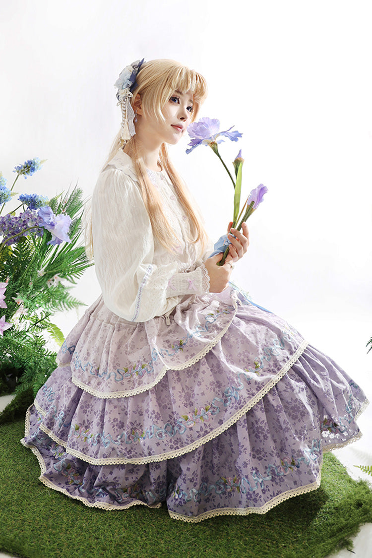 Purple [Moonlight Iris] Triple-Layered Print Ruffle Embroidery Lace Sweet Lolita Skirt