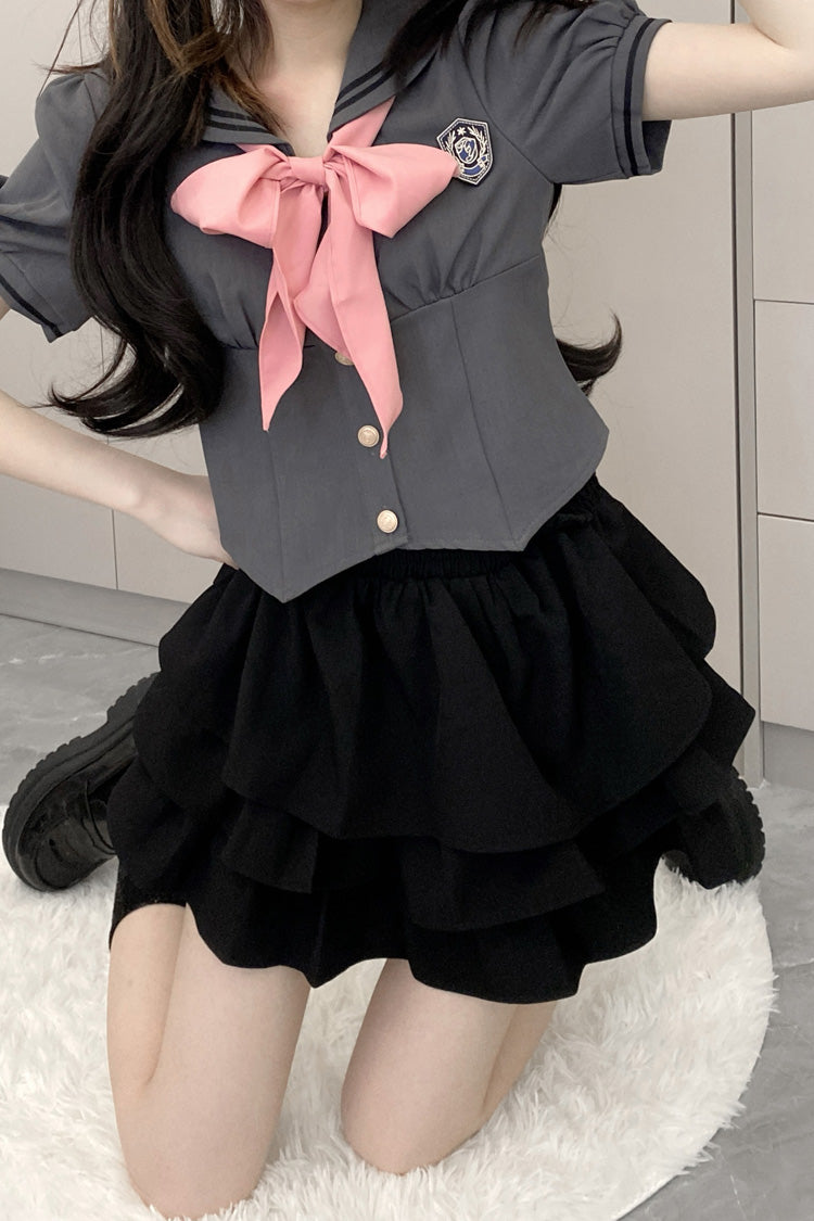 Short Sleeves Multi-layer Ruffle Bowknot Sweet College Style Japanese School Skirt Set 4 Colors