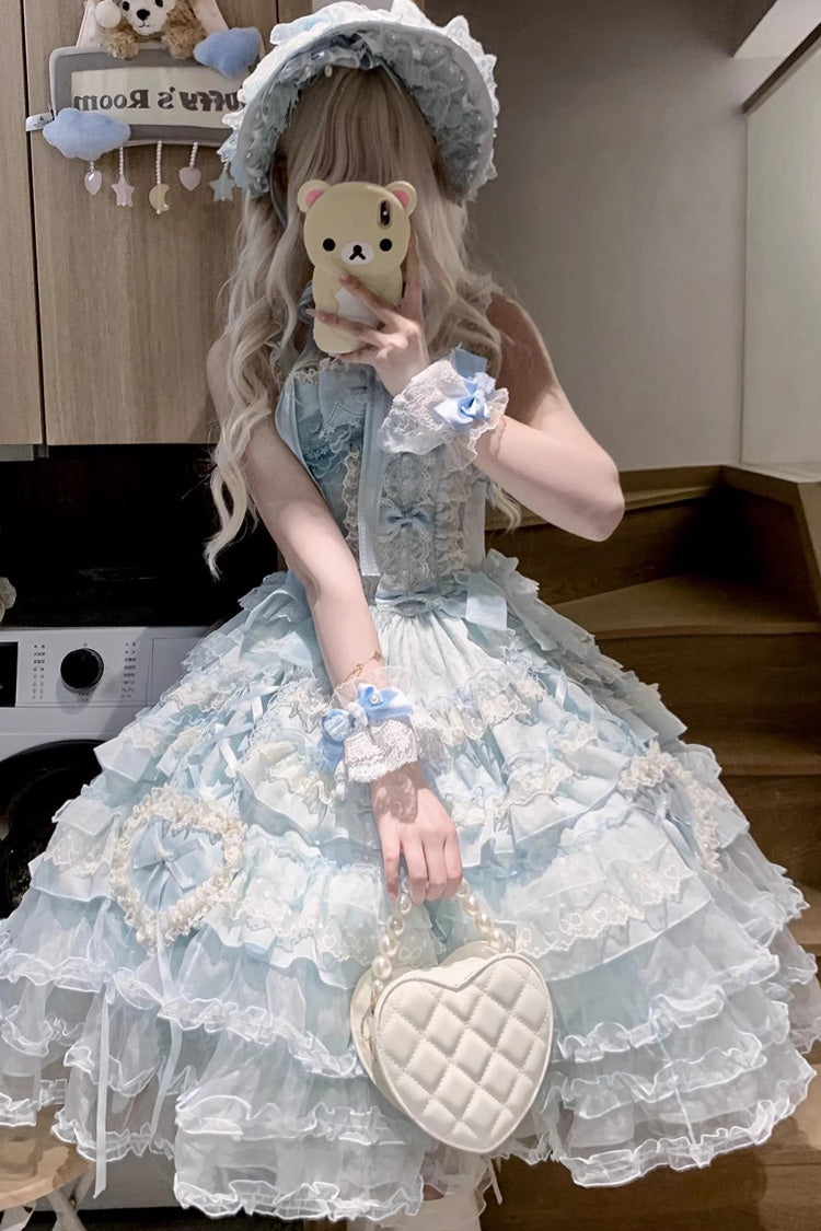 Robe Jsk Sweet Lolita en dentelle à nœud papillon broderie Hanayome à volants multicouches bleu [Sweetheart Diary] 