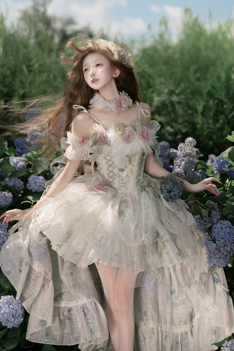 Green [Spring Rose] Sleeveless Multi-Layered Bowknot Lace-Up Fishbone Sweet Lolita Jsk Dress