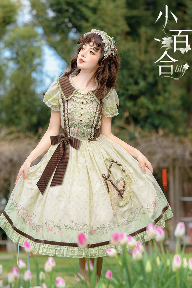 Robe Lolita Douce Élégante Verte/Ivoire [Lily] à Manches Courtes avec Imprimé, Volants, Broderie, Nœud Papillon et Dentelle 