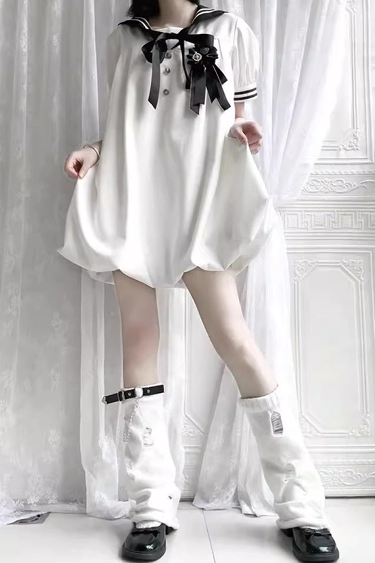 Black/White [Old Stories] Navy Collar Short Sleeves Bowknot Sweet Lolita Dress