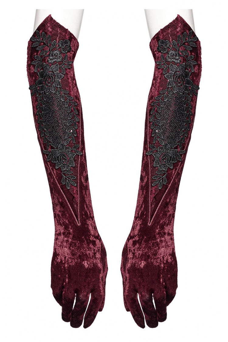 Red Floral Embroidery Lace-Up Women's Gothic Gloves
