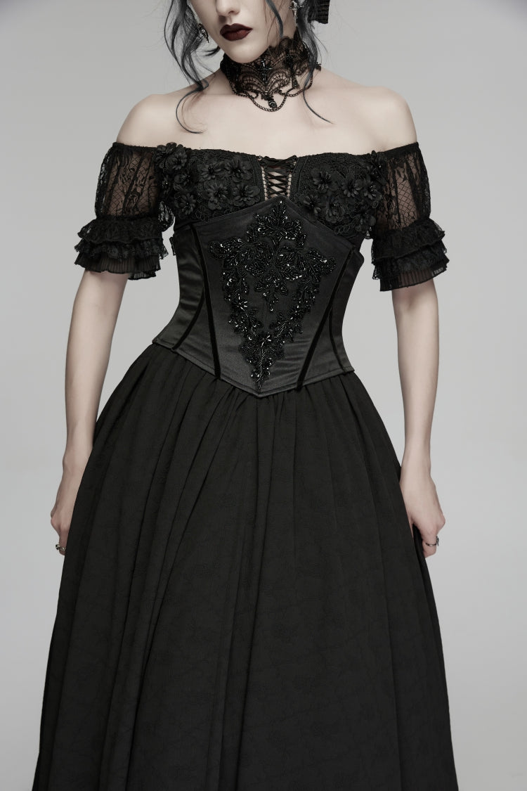 Corset sous le buste brodé de perles gothiques pour femmes à lacets noirs avec fermeture éclair mince