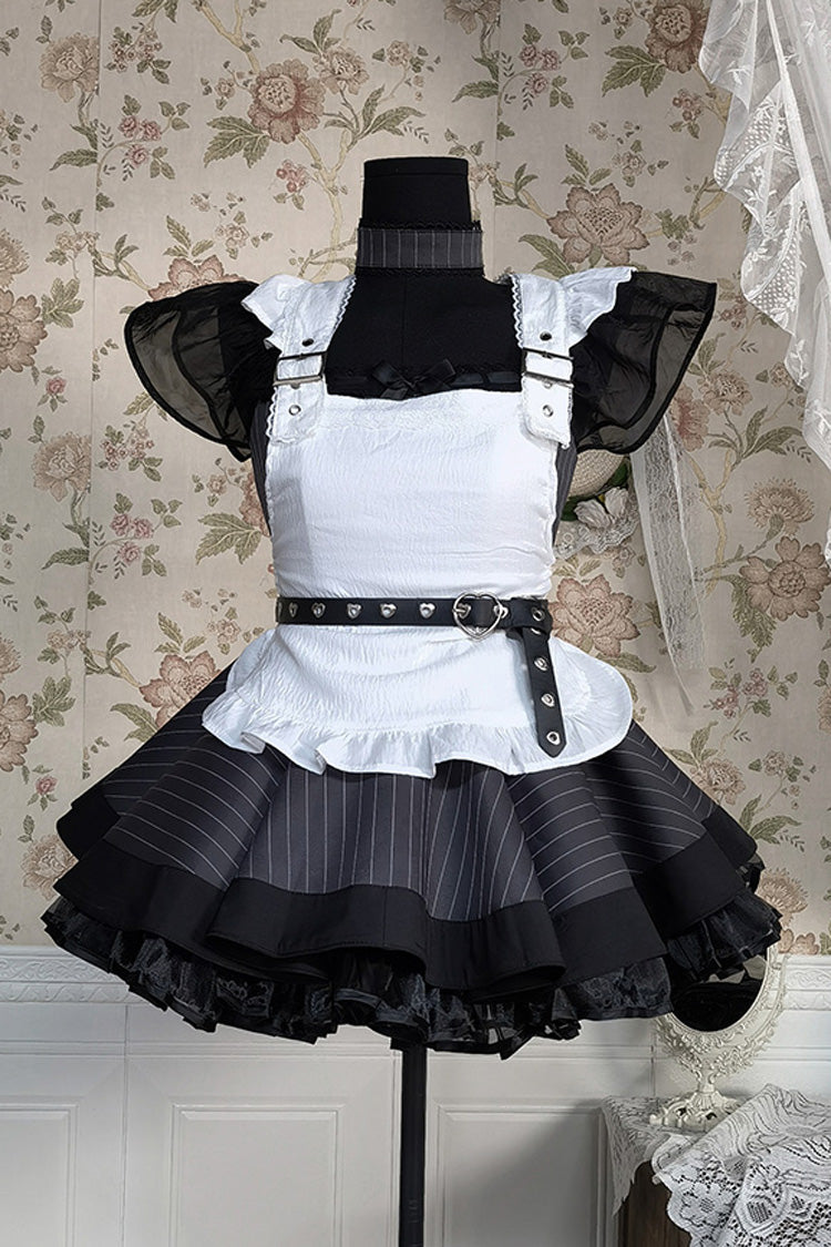 Grey Stripe Print Ruffle Bowknot Gothic Japanese Maid Lolita Dress