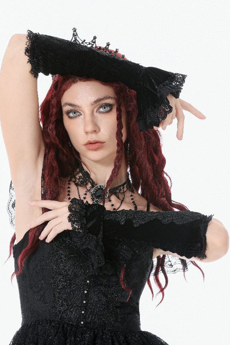 Schwarze Gothic-Rüschenmanschetten für Damen, mit Spitze bestickte Armärmel aus Samt