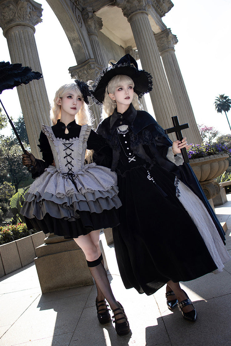 Black/Grey Witch Long Sleeves Gradient Multi-Layered Ruffle Bowknot Lace Gothic Chinese Style Lolita Dress