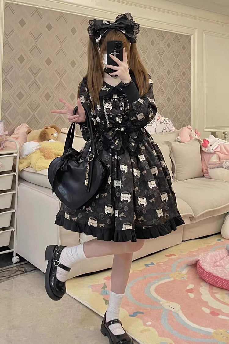 Black Long Sleeves Print Bowknot Sweet Plus Size College Style Lolita Dress