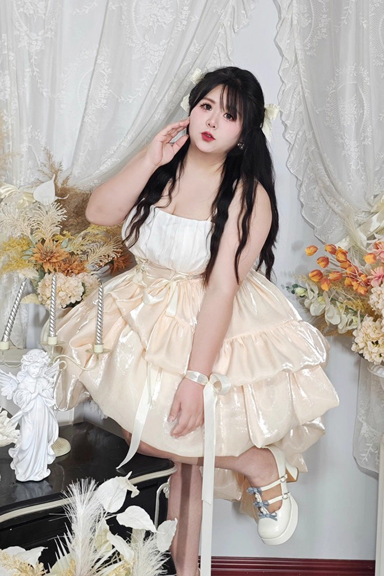 Beige Off Shoulder Double-Layered Ruffle Bowknot Lace Sweet Plus Size Lolita Dress