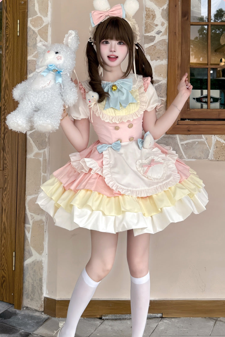 Yellow/Pink [Cream Puffs] Short Puff Sleeves Triple-Layered Ruffle Bowknot Sweet Lolita Dress