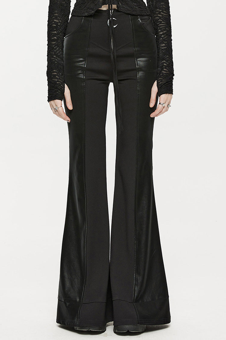Black Stretch-Knit Paneled Faux Leather Waistband Ghost Button Flared Women's Punk Pants