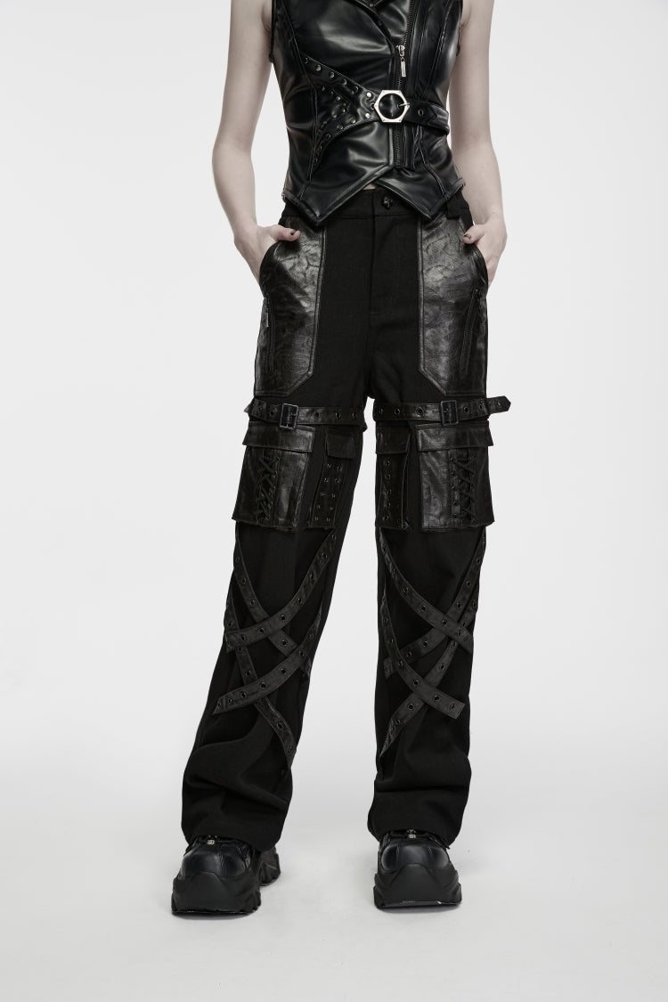 Pantalon à jambe droite Punk Cool pour femme avec œillets en Patchwork noir avec poches multiples