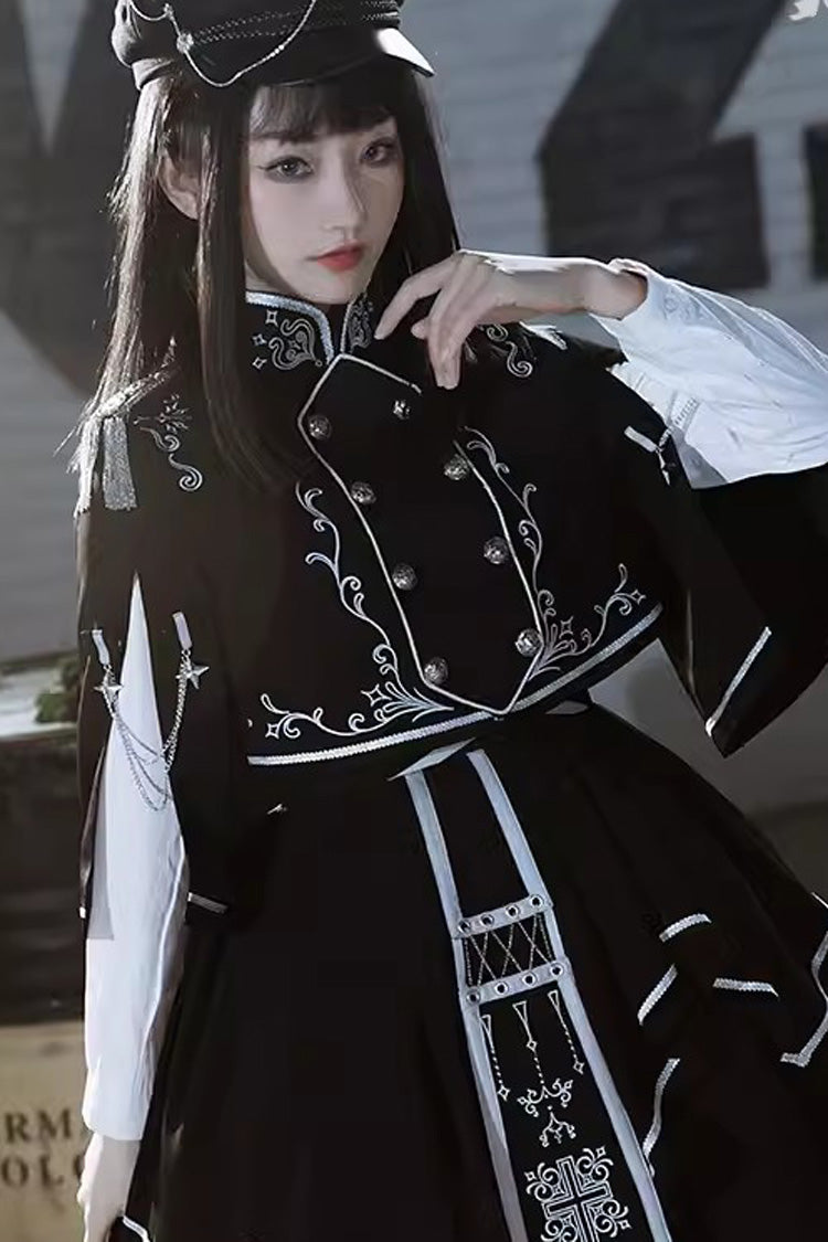 Black Battle of Thorns Print Ruffle Gothic Military Handsome Lolita Skirt