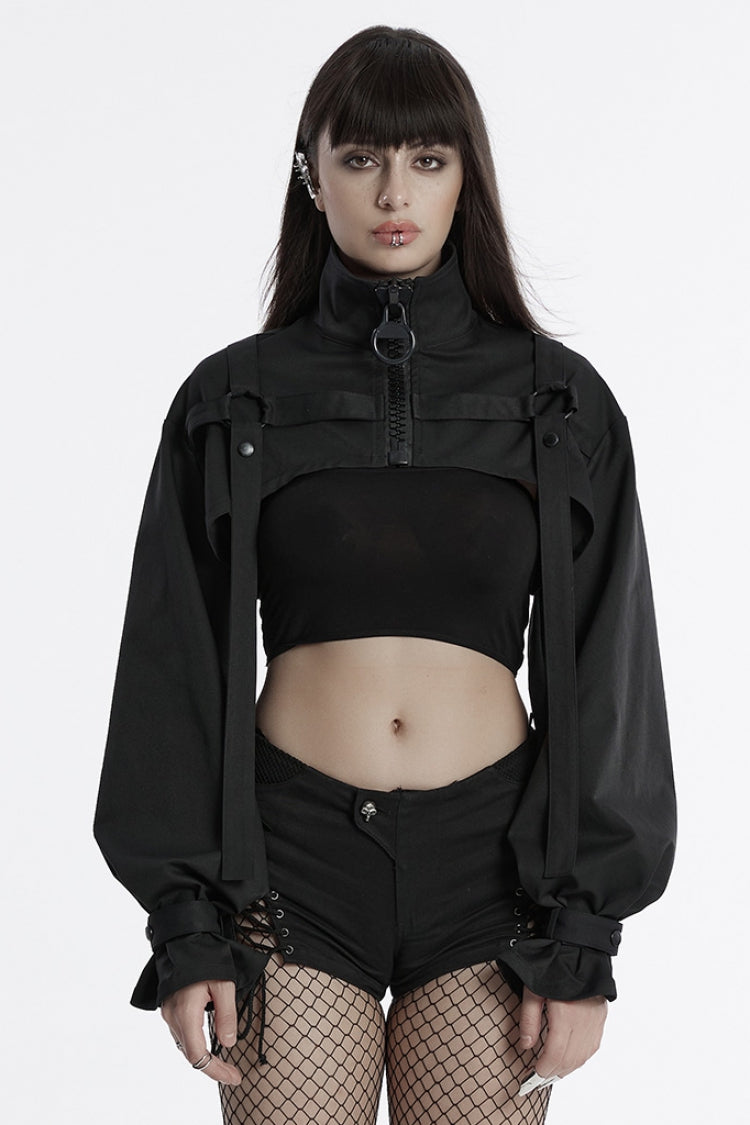 Black Stand Collar Long Sleeves Straps Women's Punk Cape
