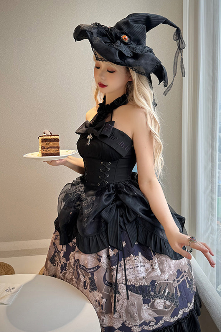 ブラック [The Mystery of The Doll] ホルターネック プリント フリル 蝶結び ドローストリング ゴシック ロリータ ドレス