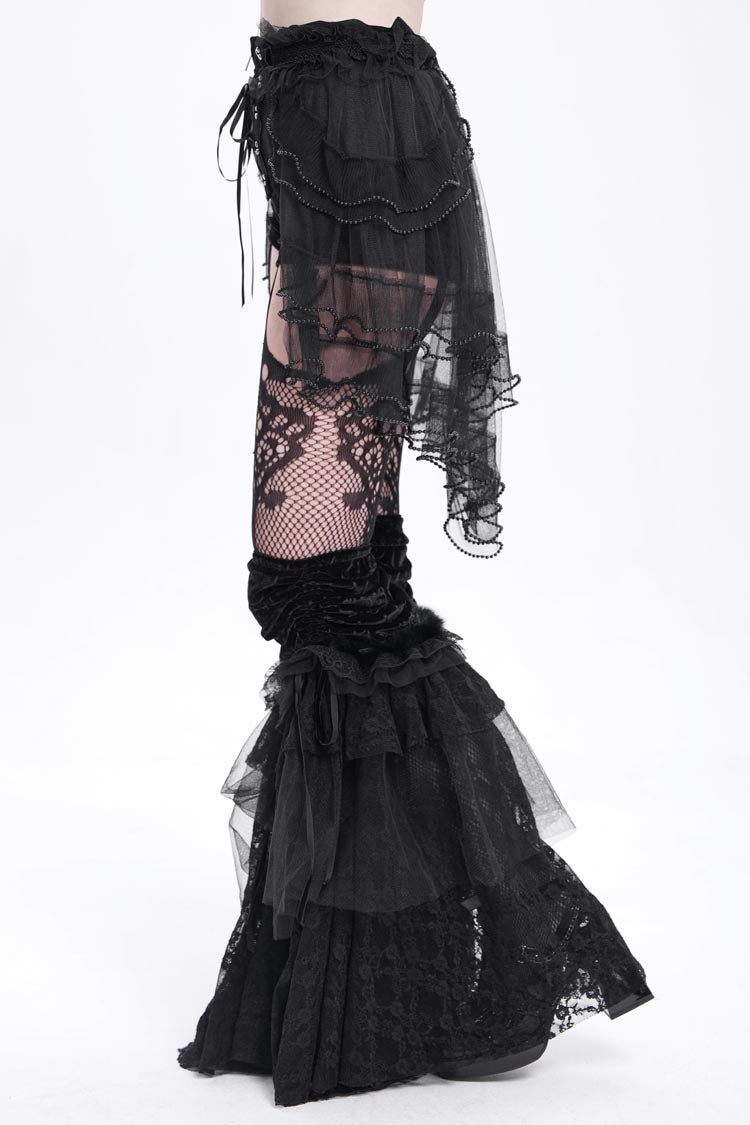 Black Ruffle Stitching Lace-Up Mesh Women's Gothic Shorts