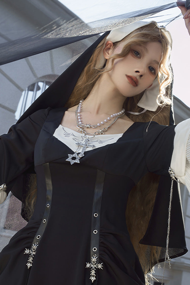 Black [Halloween Night Temple Nun] Short Sleeves Print Ruffle Gothic Elegant Lolita Dress