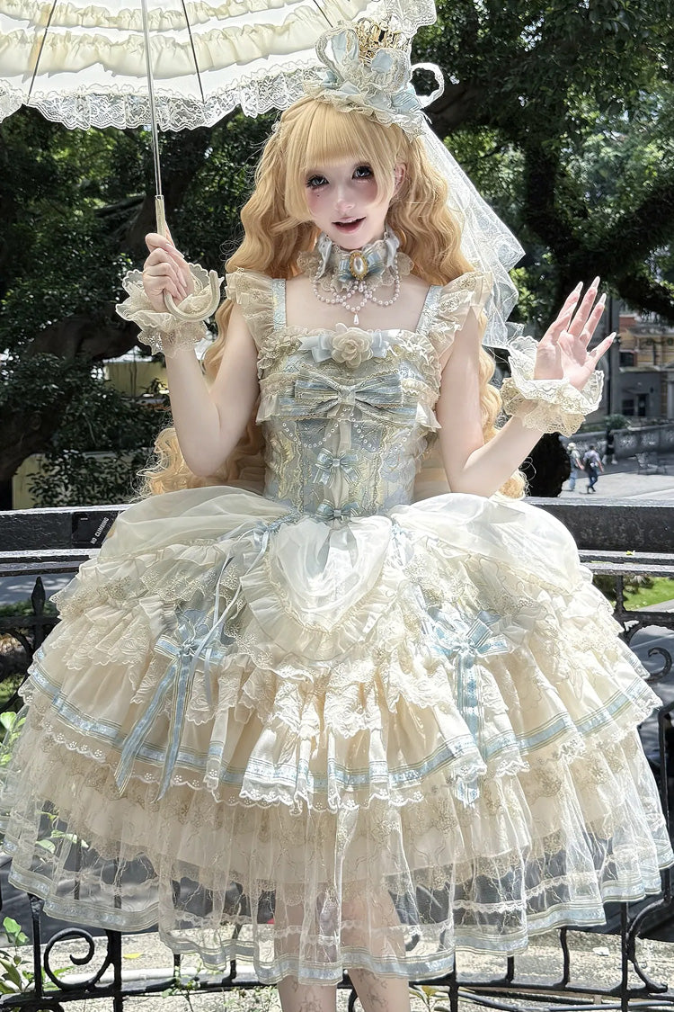 Ivory/Blue [Floralis Clear Sky] Sleeveless Corset Waist Bow Lace Ruffled Tiered Bridal Sweet Gorgeous Lolita Dress