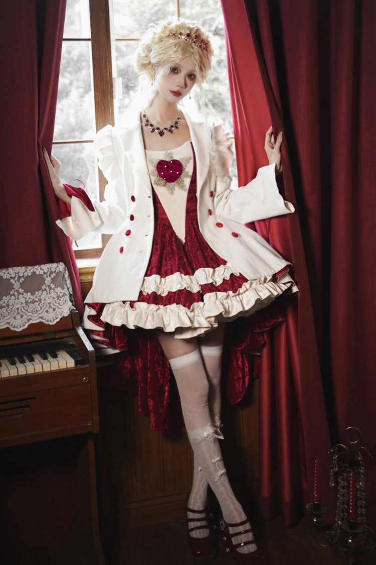 Weißer zweireihiger unregelmäßiger Gothic-Lolita-Mantel mit kurzer Vorderseite und langer Rückseite