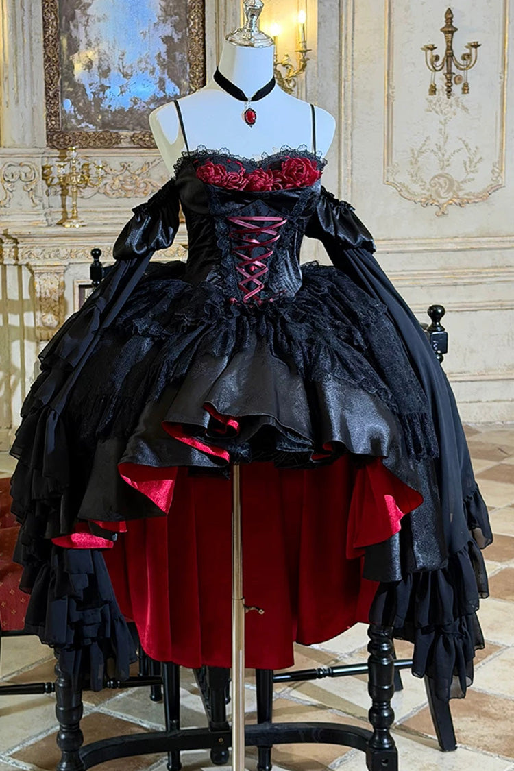 Black/Red [Blood Feast] Halloween Off Shoulder Jacquard Ruffled Lace-Up Gothic Elegant Lolita Jsk Dress