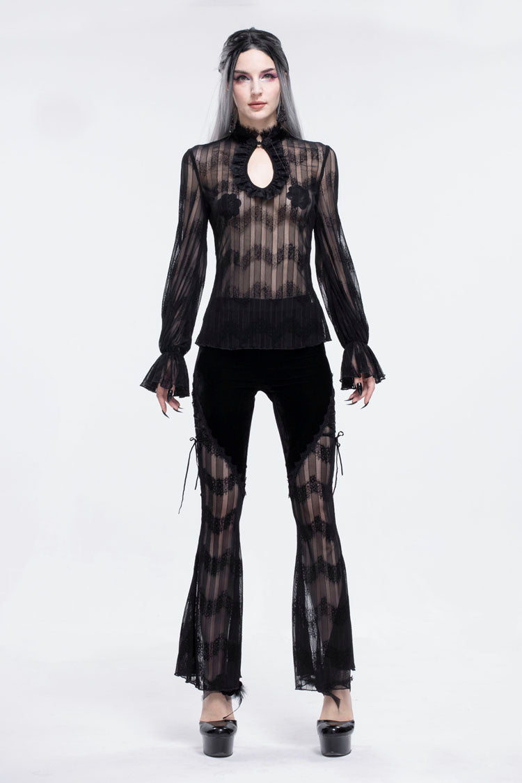 Black Striped Panel Semi Sheer Lace Up Long Women's Gothic Pants