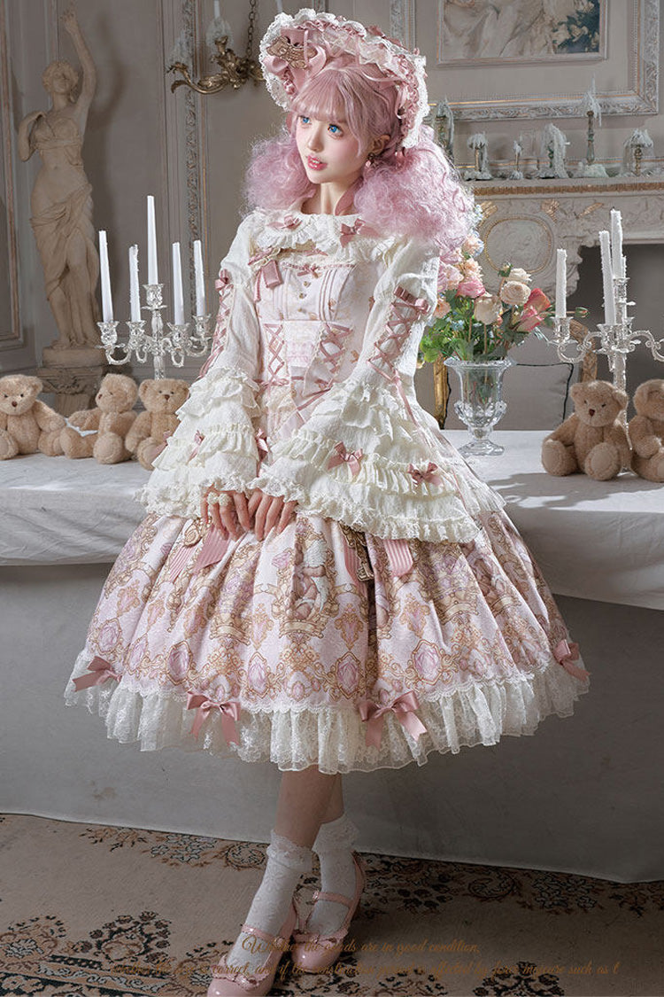 Rosa [Antik Teddybär] Ärmelloses, bedrucktes, mit Schleife und Spitze versehenes, süßes, elegantes Lolita JSK-Kleid