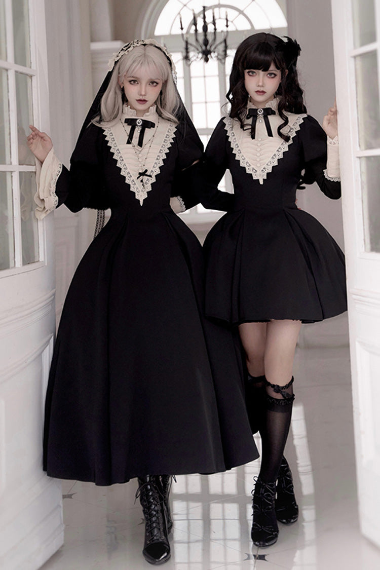 Black [Letters and Poems·Nocturne] Nun Long Sleeves Ruffle Gothic Lolita Short Dress