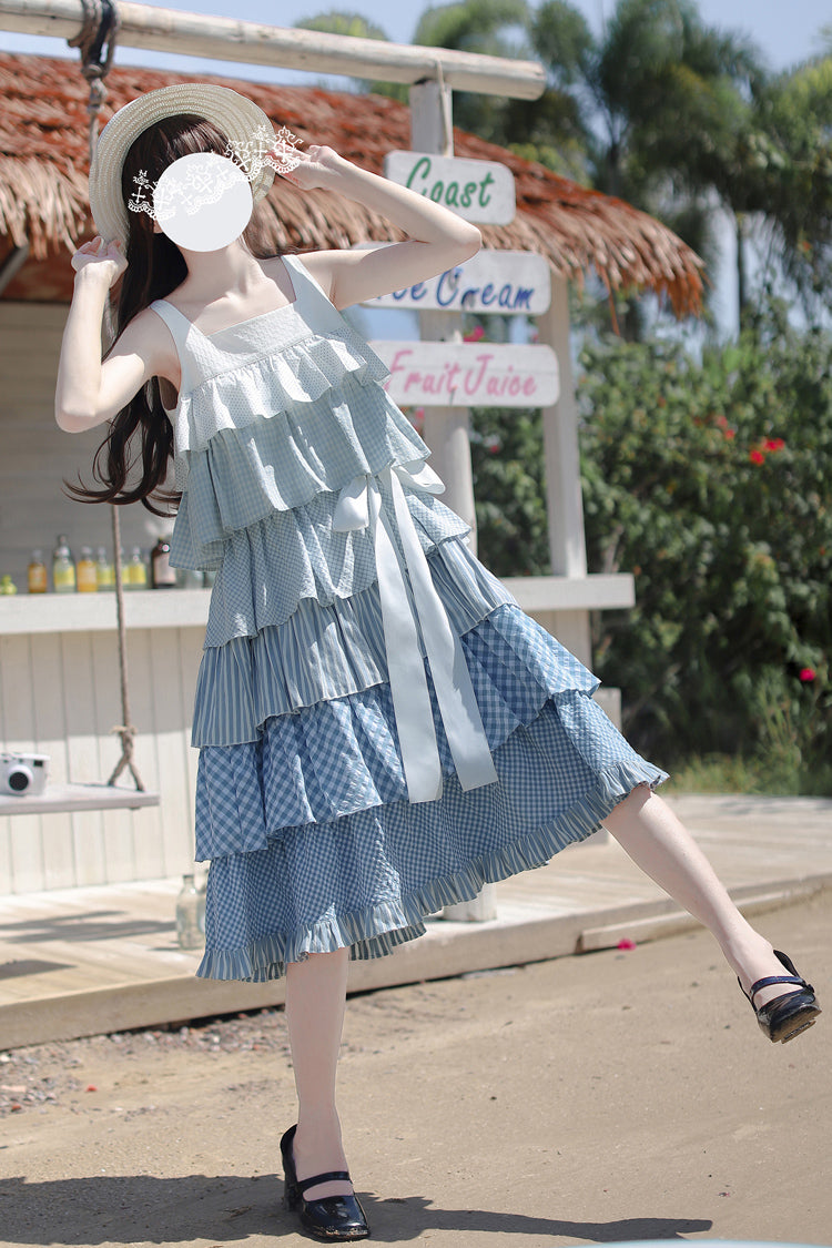 Blue [Go To The Beach] Multi-Layered Print Ruffle Holiday Sweet Lolita Jsk Dress