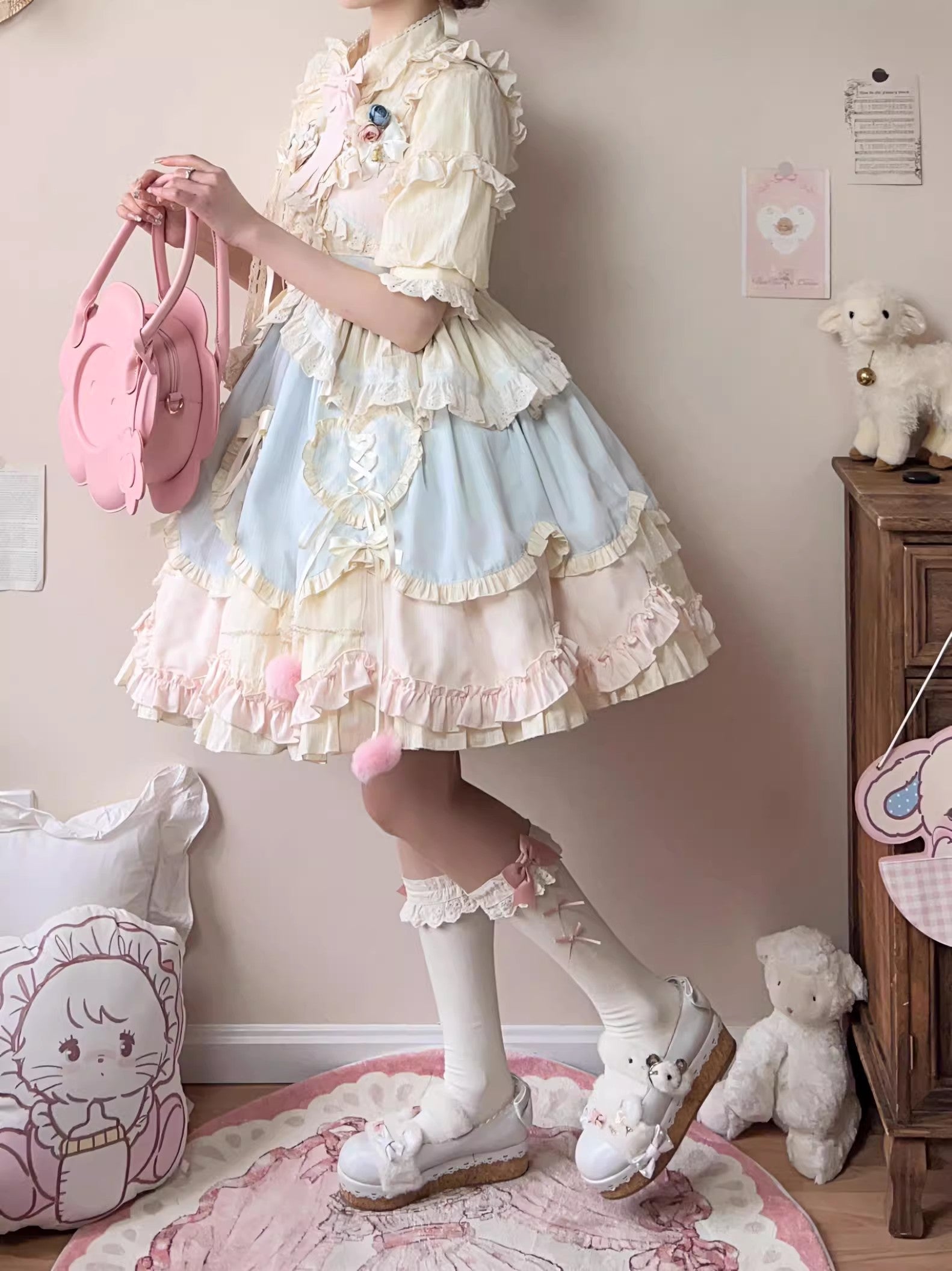Multi-Color [Mianmian Macaron] Sleeveless Multi-Layered Ruffle Bowknot Lace Sweet Lolita Jsk Dress (Short Version)
