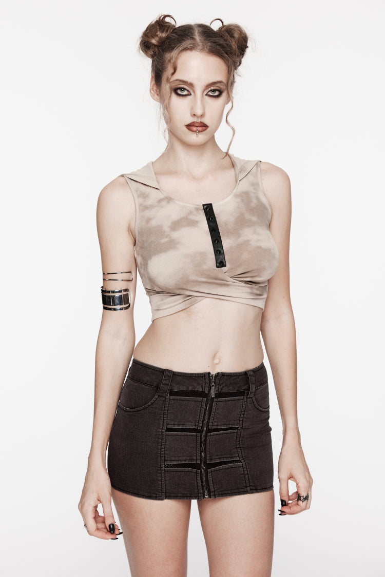 Jupe Punk Cool marron en patchwork, coupe ajustée, en maille, fermeture éclair, œillets, pour femmes