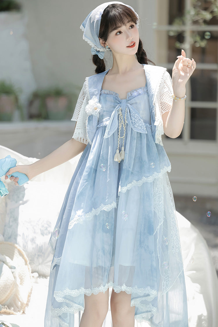 Blue [Clouds Resting in the Wilderness] Print Ruffle Embroidery Bowknot Lace Irregular Lolita Jsk Dress