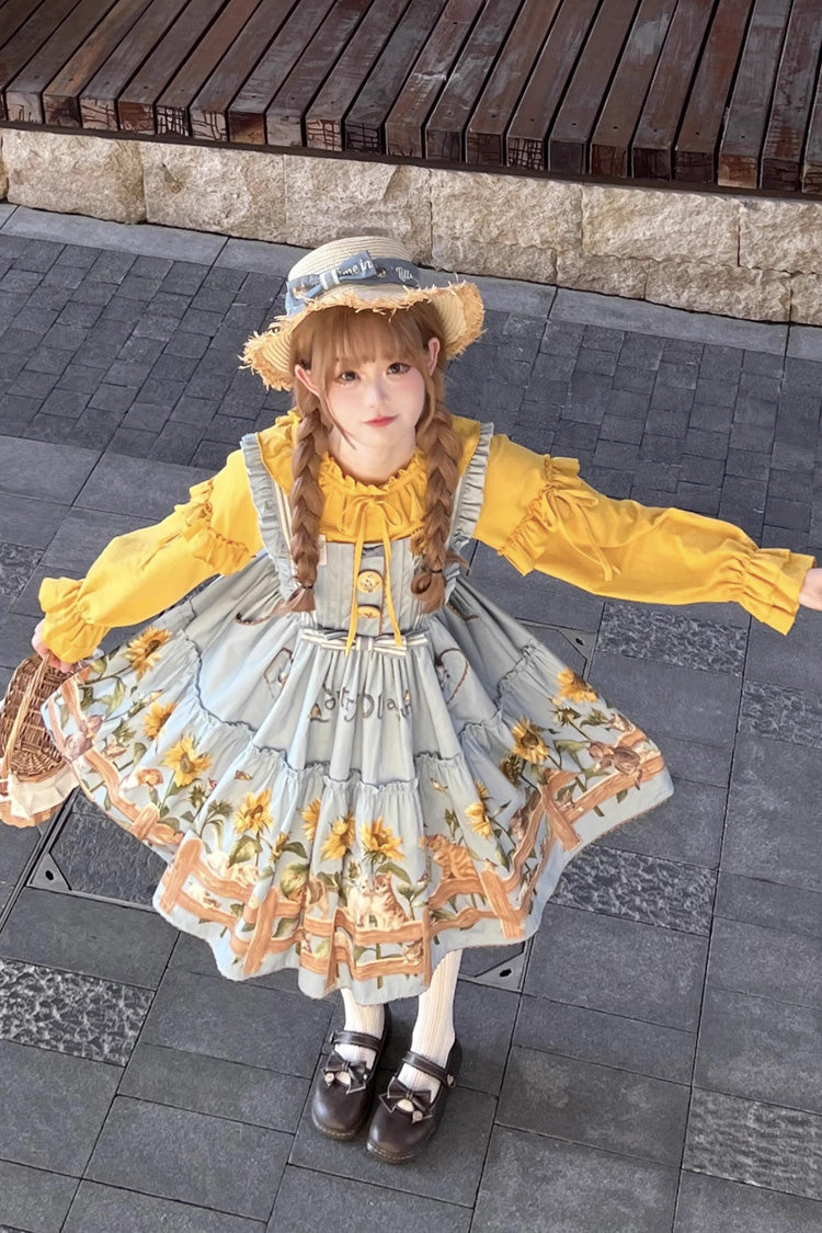 Cat and Sunflower Print Bowknot Sweet Lolita Jsk Dress 2 Colors