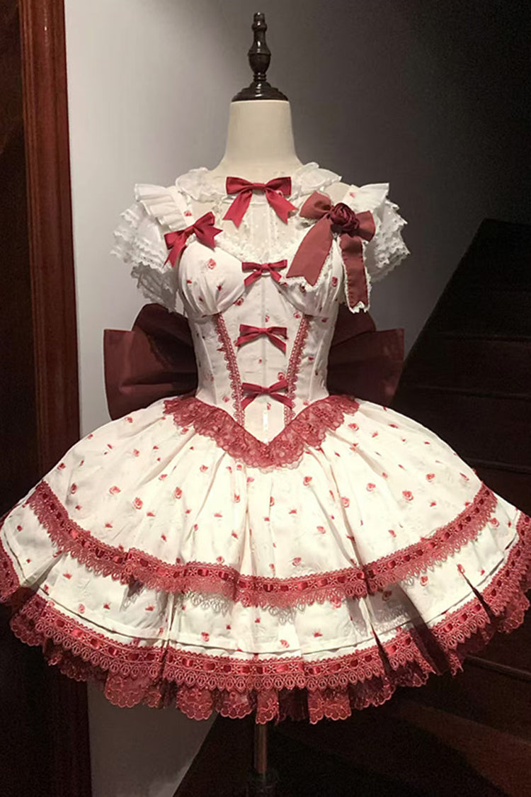 ワインレッド [ファーストラブローズ] 多層プリント フリル ボウノット レース スイートロリータ ジャンパースカート ドレスセット 